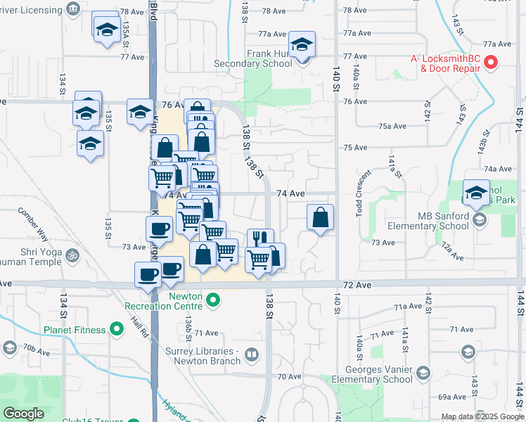 map of restaurants, bars, coffee shops, grocery stores, and more near 9 138 Street in Surrey