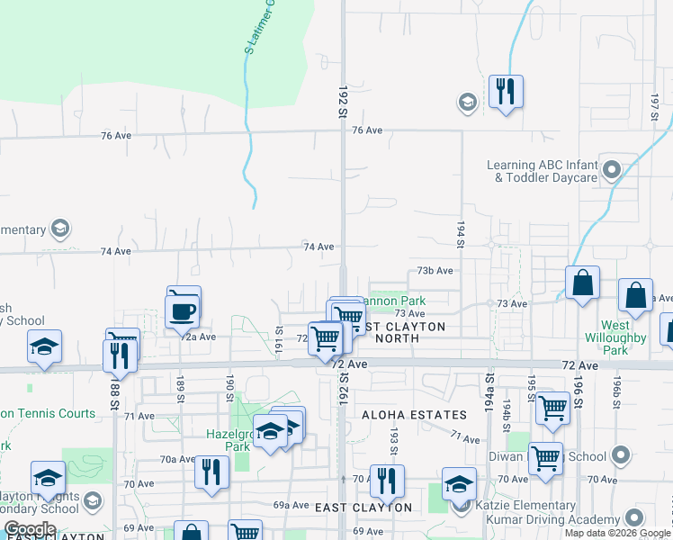 map of restaurants, bars, coffee shops, grocery stores, and more near 7363 192 Street in Surrey