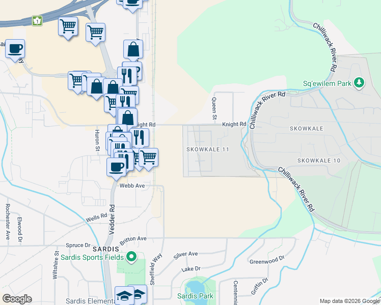 map of restaurants, bars, coffee shops, grocery stores, and more near 45918 Knight Road in Chilliwack