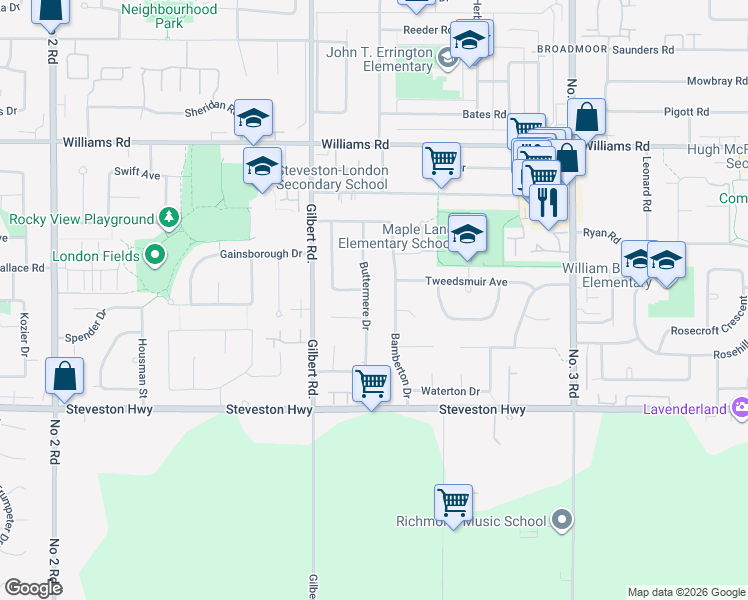 map of restaurants, bars, coffee shops, grocery stores, and more near 10360 Buttermere Drive in Richmond