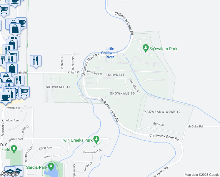 map of restaurants, bars, coffee shops, grocery stores, and more near 46145 Skowkale Crescent in Chilliwack