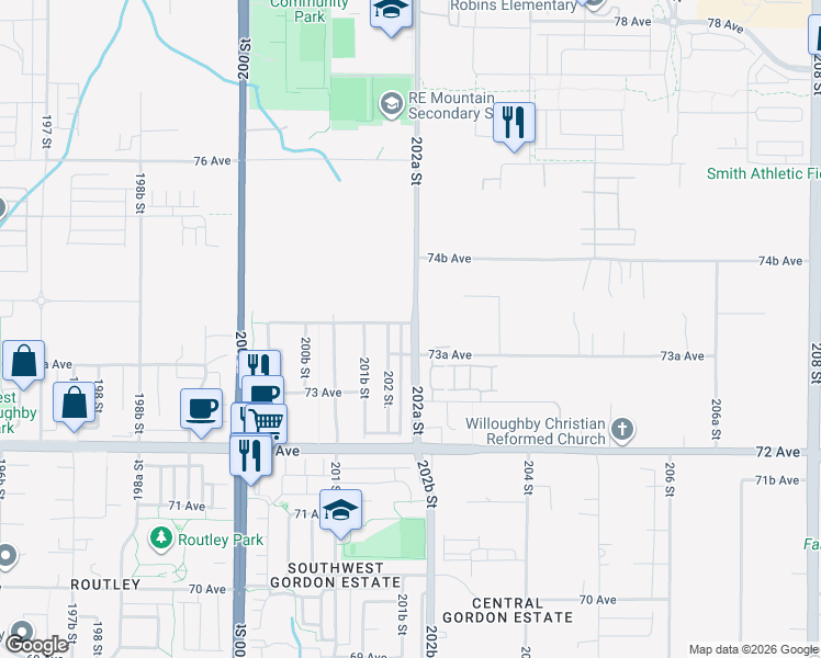 map of restaurants, bars, coffee shops, grocery stores, and more near 7397 202A Street in Langley City