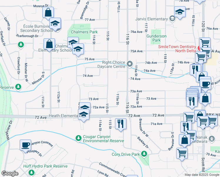 map of restaurants, bars, coffee shops, grocery stores, and more near 7346 115 Street in Delta