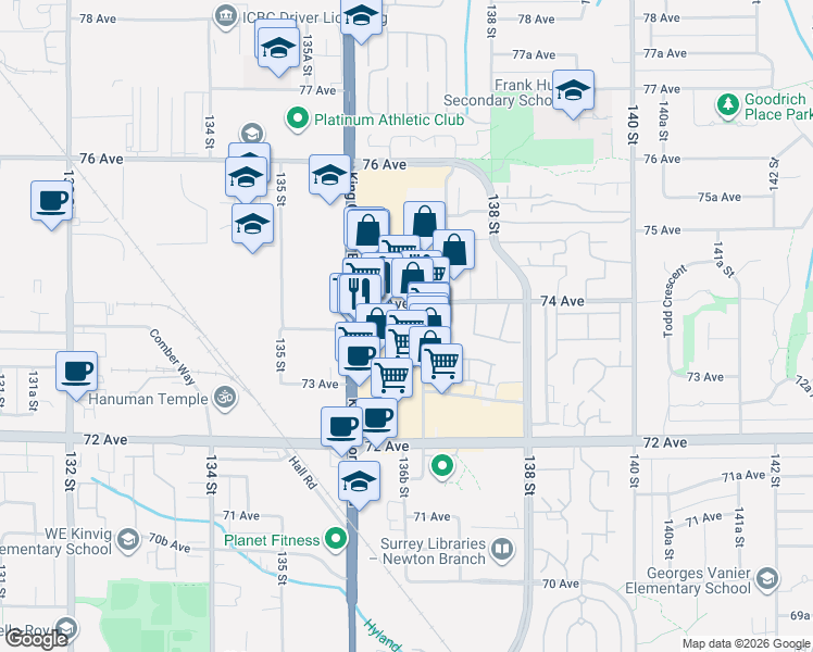 map of restaurants, bars, coffee shops, grocery stores, and more near 7380 King George Boulevard in Surrey