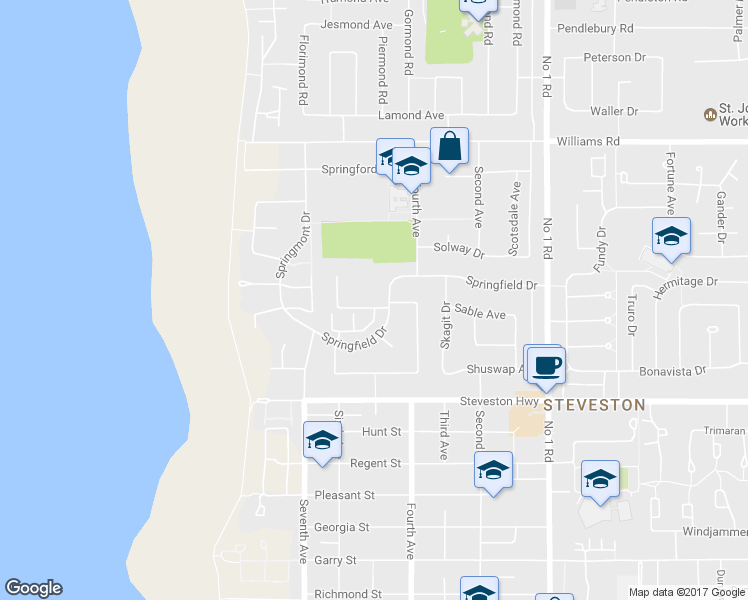 map of restaurants, bars, coffee shops, grocery stores, and more near 3451 Springfield Drive in Richmond