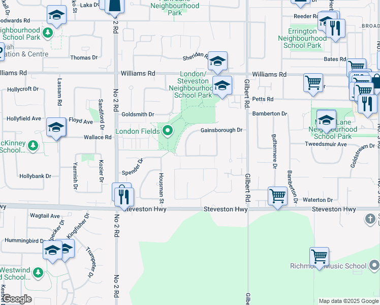 map of restaurants, bars, coffee shops, grocery stores, and more near 6520 Gainsborough Drive in Richmond