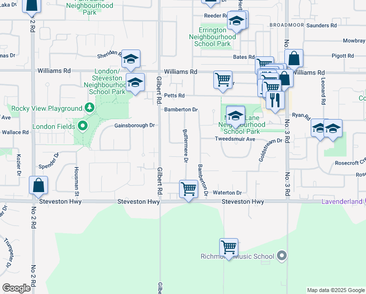 map of restaurants, bars, coffee shops, grocery stores, and more near 10351 Buttermere Drive in Richmond