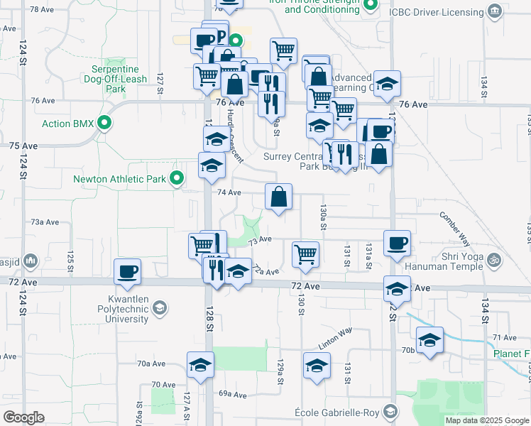 map of restaurants, bars, coffee shops, grocery stores, and more near 7363 129 Street in Surrey