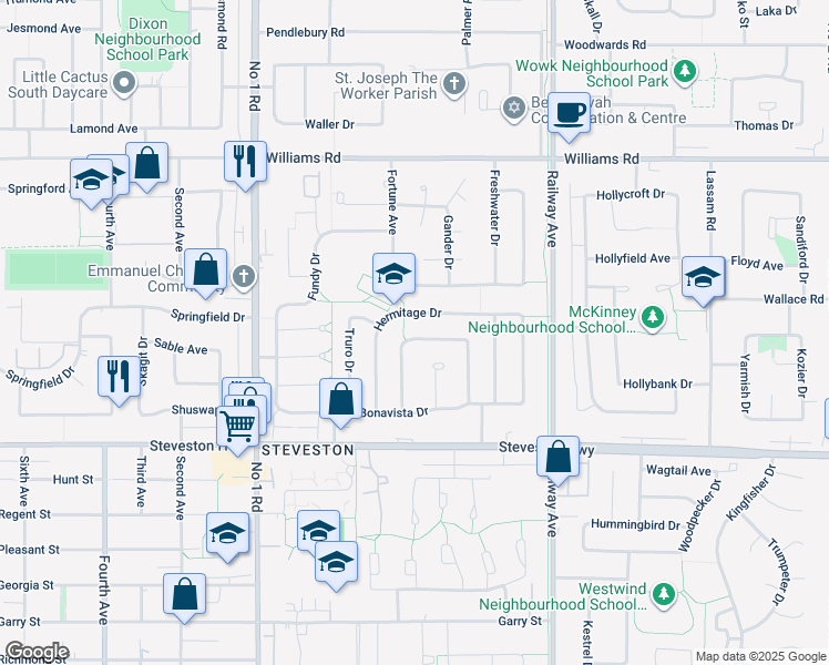 map of restaurants, bars, coffee shops, grocery stores, and more near 10675 Canso Crescent in Richmond
