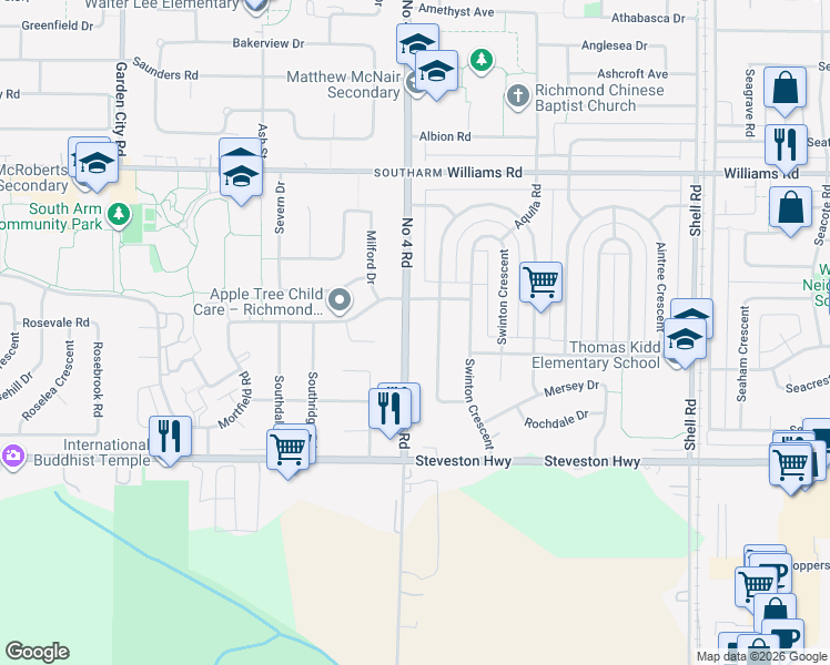 map of restaurants, bars, coffee shops, grocery stores, and more near 10340 Number 4 Road in Richmond