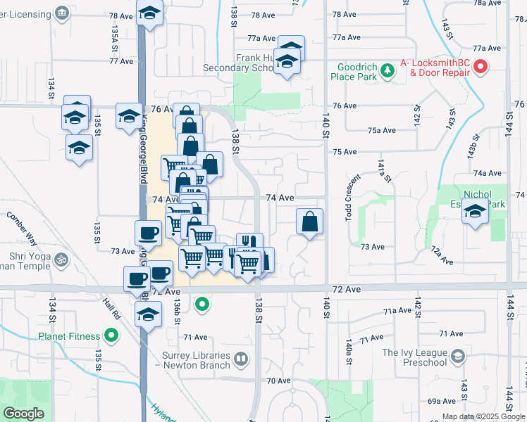 map of restaurants, bars, coffee shops, grocery stores, and more near 13880 74 Avenue in Surrey