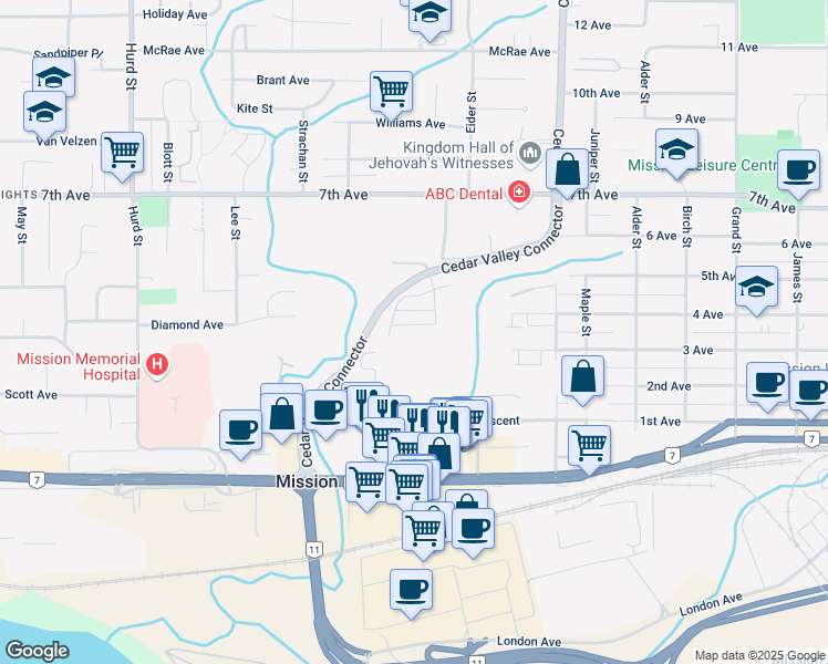 map of restaurants, bars, coffee shops, grocery stores, and more near 32574 Ross Drive in Mission