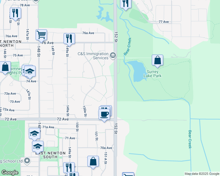 map of restaurants, bars, coffee shops, grocery stores, and more near 7391 151A Street in Surrey