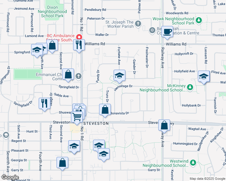 map of restaurants, bars, coffee shops, grocery stores, and more near 10420 Truro Drive in Richmond