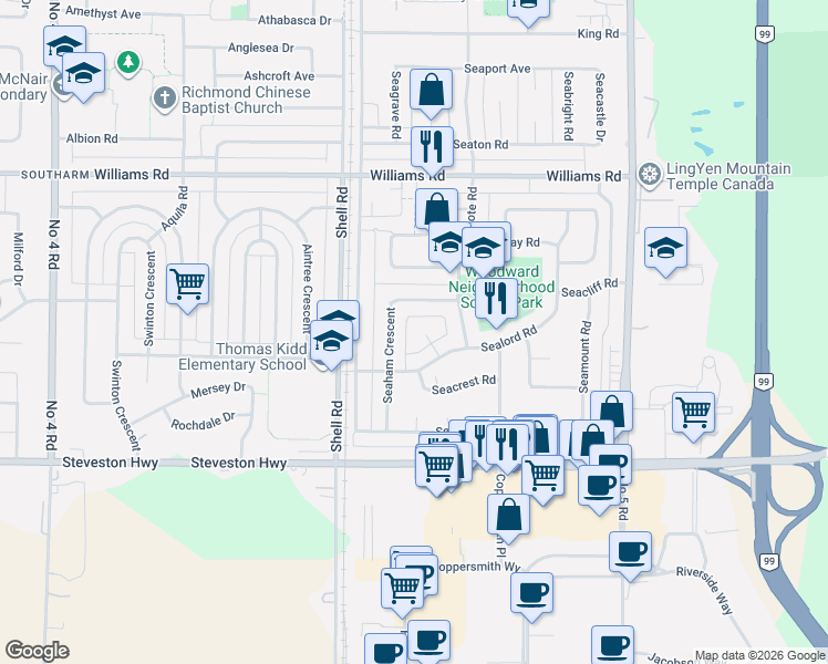map of restaurants, bars, coffee shops, grocery stores, and more near 10371 Sealord Place in Richmond