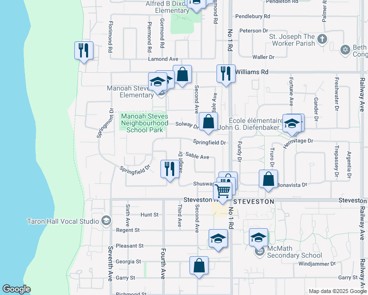 map of restaurants, bars, coffee shops, grocery stores, and more near 10440 Skagit Drive in Richmond