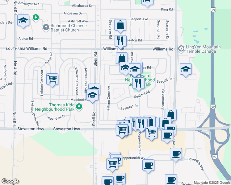 map of restaurants, bars, coffee shops, grocery stores, and more near 10371 Sealord Place in Richmond