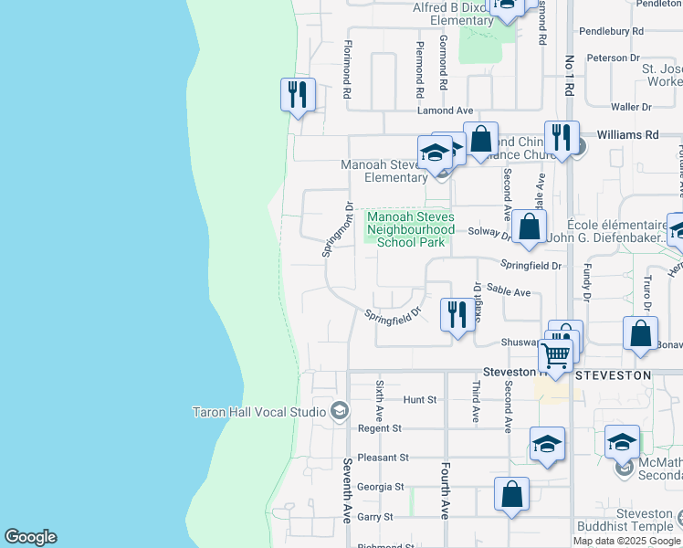 map of restaurants, bars, coffee shops, grocery stores, and more near 10820 Springmont Drive in Richmond