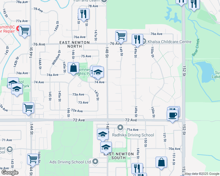 map of restaurants, bars, coffee shops, grocery stores, and more near 7376 148 Street in Surrey