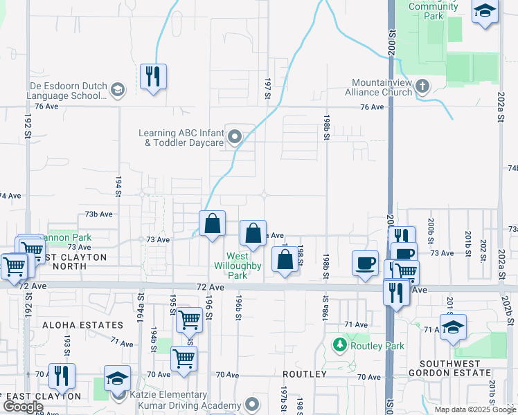 map of restaurants, bars, coffee shops, grocery stores, and more near 7381 197 Street in Langley