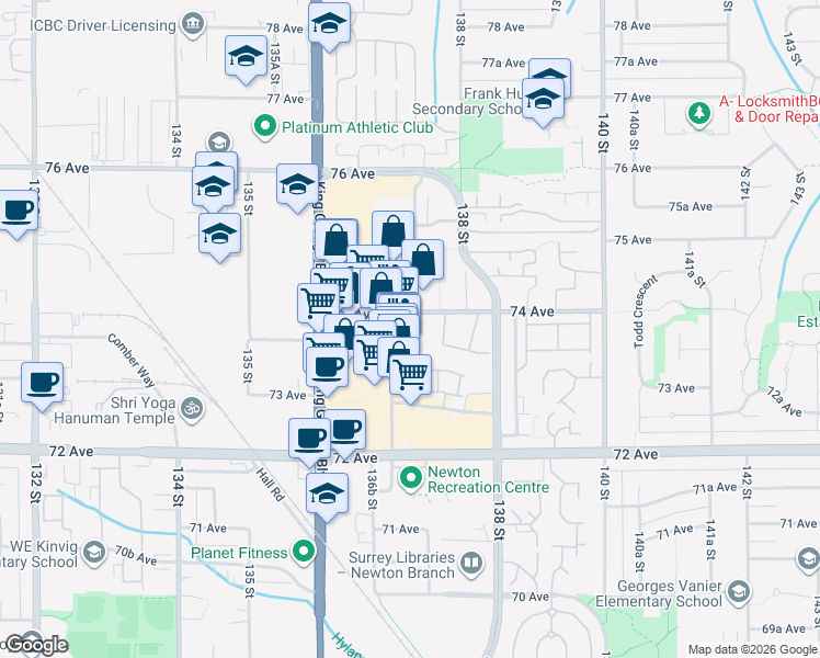 map of restaurants, bars, coffee shops, grocery stores, and more near 13706 74 Avenue in Surrey