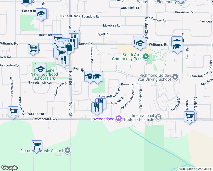 map of restaurants, bars, coffee shops, grocery stores, and more near 10231 Rosedene Crescent in Richmond