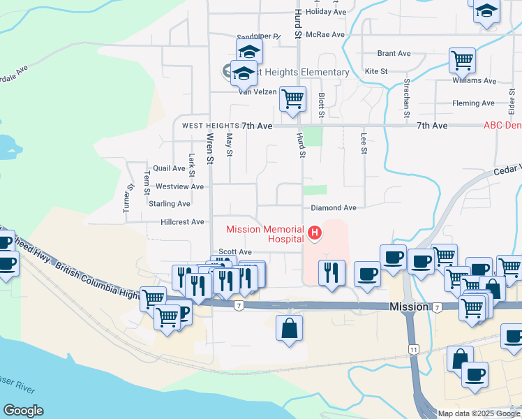 map of restaurants, bars, coffee shops, grocery stores, and more near 32110 Bueckert Avenue in Mission