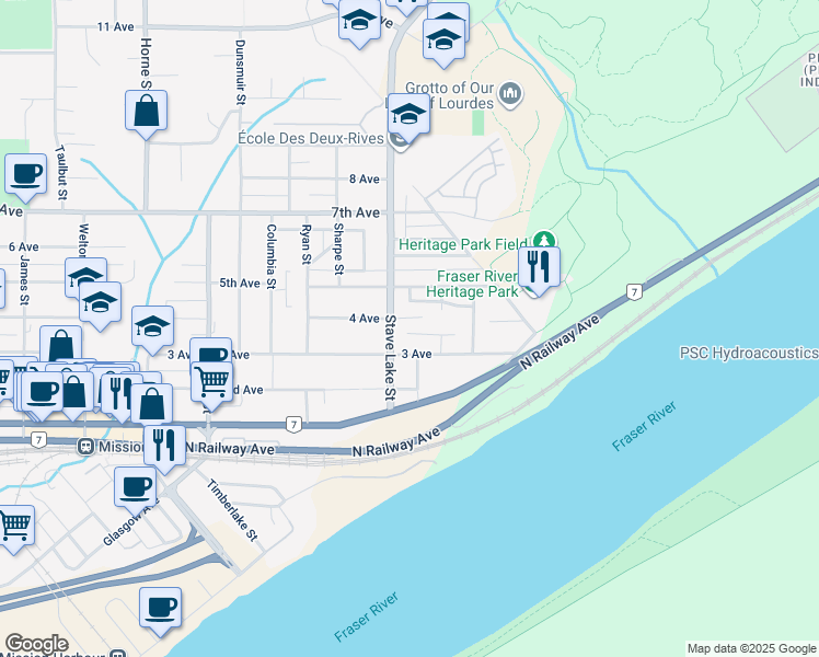 map of restaurants, bars, coffee shops, grocery stores, and more near 7436 Stave Lake Street in Mission