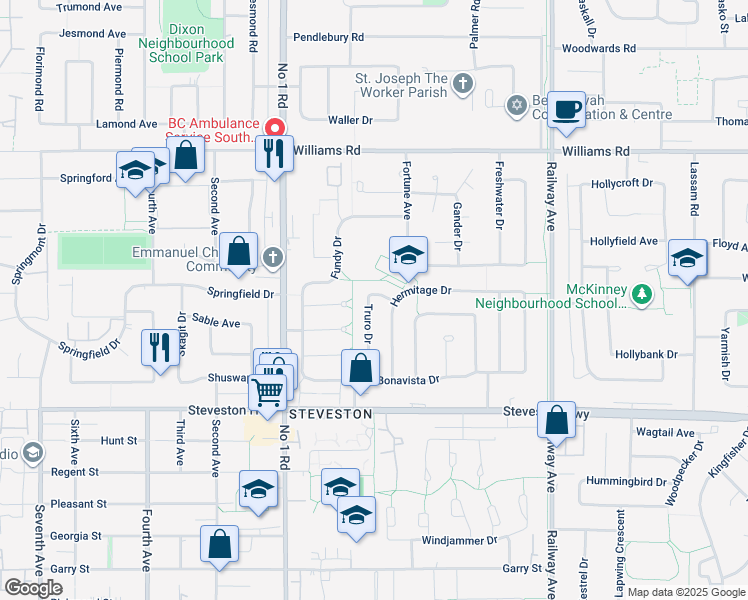 map of restaurants, bars, coffee shops, grocery stores, and more near 10468 Truro Drive in Richmond