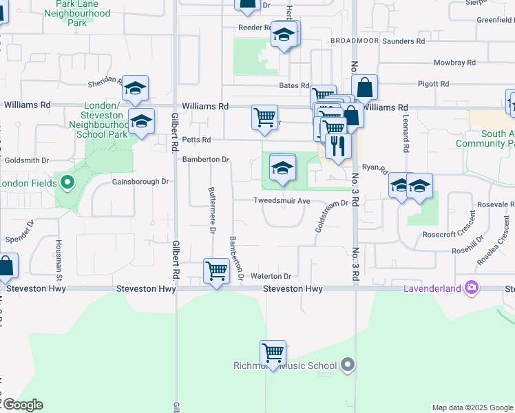 map of restaurants, bars, coffee shops, grocery stores, and more near 7460 Glacier Crescent in Richmond