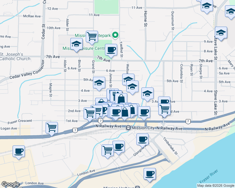 map of restaurants, bars, coffee shops, grocery stores, and more near 33150 4 Avenue in Mission