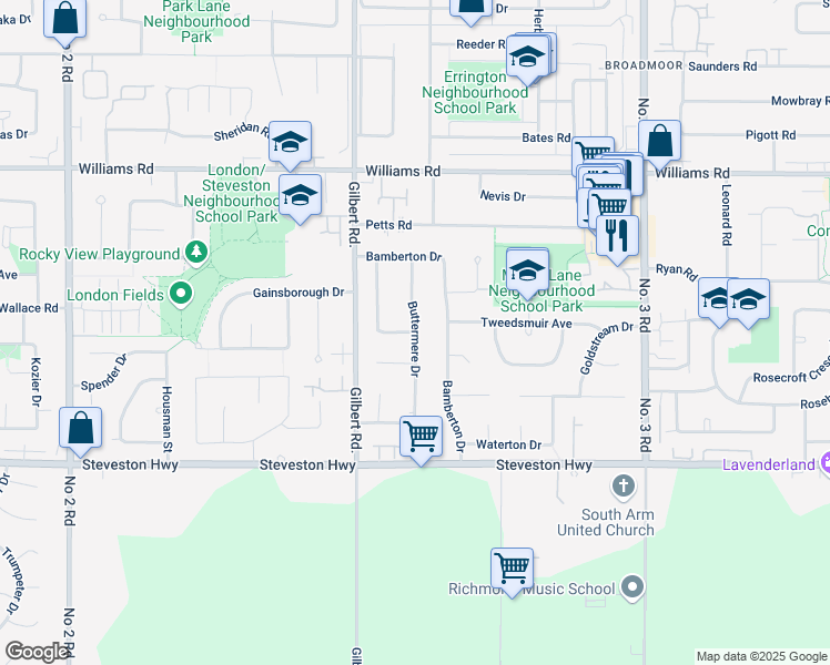 map of restaurants, bars, coffee shops, grocery stores, and more near Buttermere Drive in Richmond
