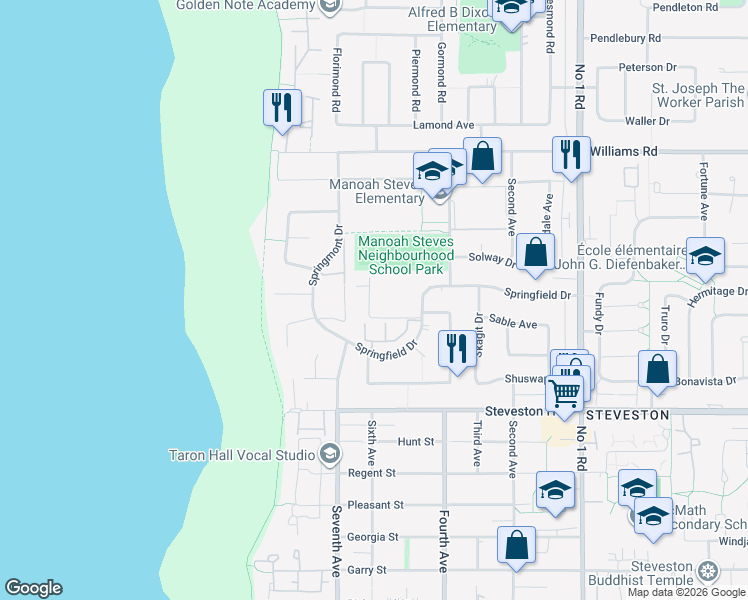 map of restaurants, bars, coffee shops, grocery stores, and more near 3411 Springfield Drive in Richmond