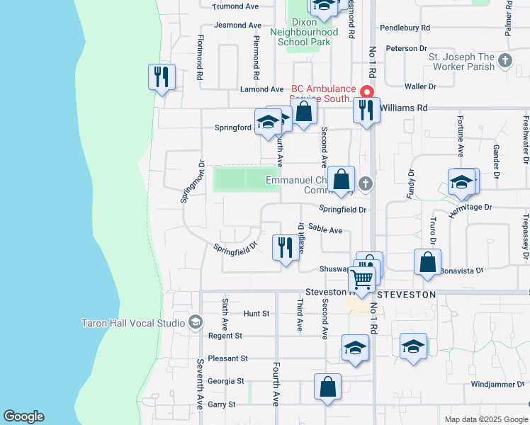 map of restaurants, bars, coffee shops, grocery stores, and more near 3320 Springfield Drive in Richmond
