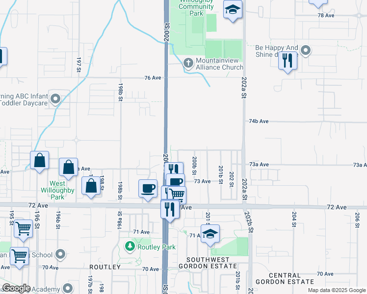 map of restaurants, bars, coffee shops, grocery stores, and more near 20049 74 Avenue in Langley
