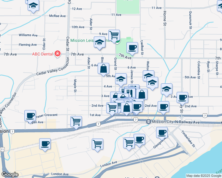 map of restaurants, bars, coffee shops, grocery stores, and more near 32986 4 Avenue in Mission