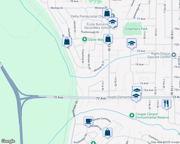 map of restaurants, bars, coffee shops, grocery stores, and more near 7336 Priory Place in Delta