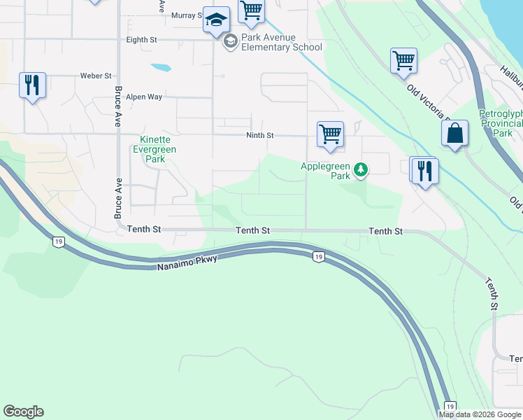 map of restaurants, bars, coffee shops, grocery stores, and more near 1054 Southwood Drive in Nanaimo