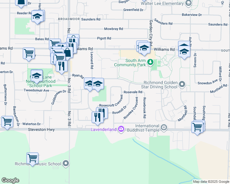 map of restaurants, bars, coffee shops, grocery stores, and more near 8800 Rosedene Court in Richmond