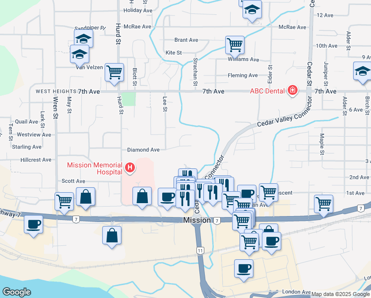 map of restaurants, bars, coffee shops, grocery stores, and more near 32410 Diamond Avenue in Mission