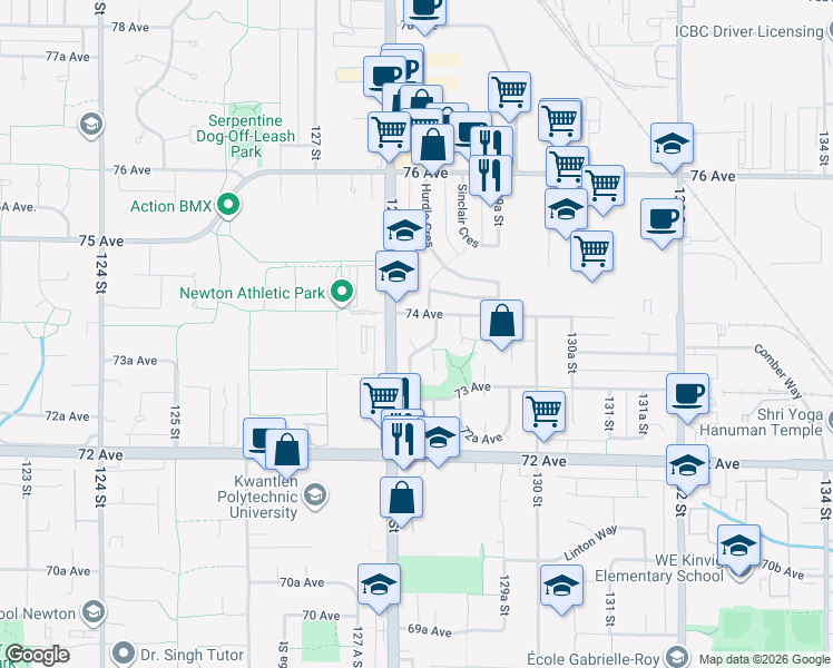 map of restaurants, bars, coffee shops, grocery stores, and more near 7366 128A Street in Surrey