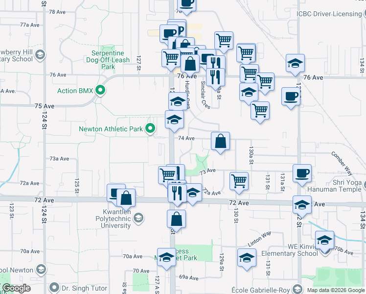 map of restaurants, bars, coffee shops, grocery stores, and more near 7366 128A Street in Surrey