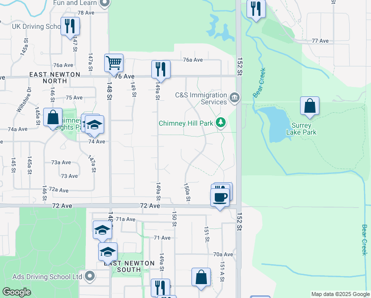 map of restaurants, bars, coffee shops, grocery stores, and more near 15017 73A Avenue in Surrey