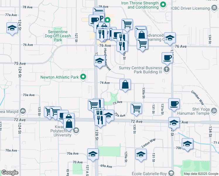 map of restaurants, bars, coffee shops, grocery stores, and more near 7368 Parkwood Drive in Surrey