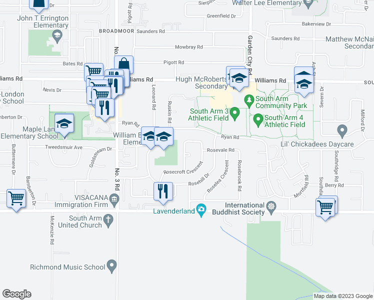map of restaurants, bars, coffee shops, grocery stores, and more near 10180 Rosedene Crescent in Richmond