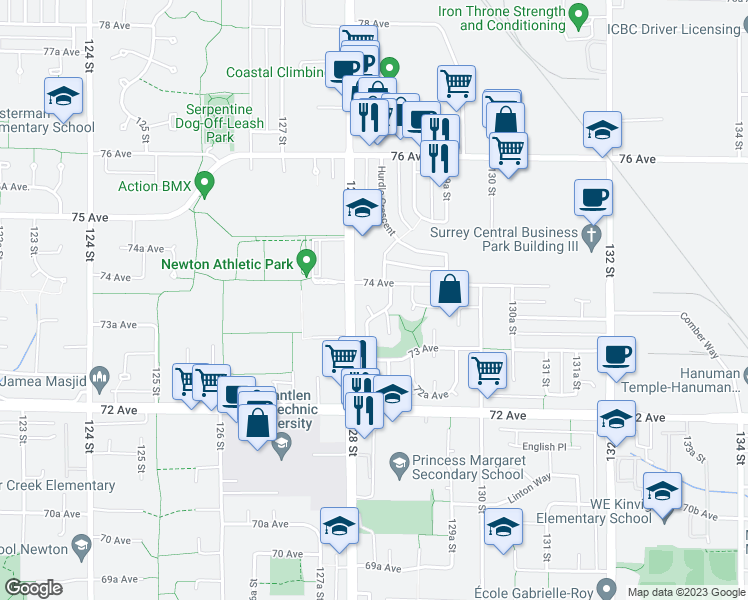 map of restaurants, bars, coffee shops, grocery stores, and more near 7366 128A Street in Surrey