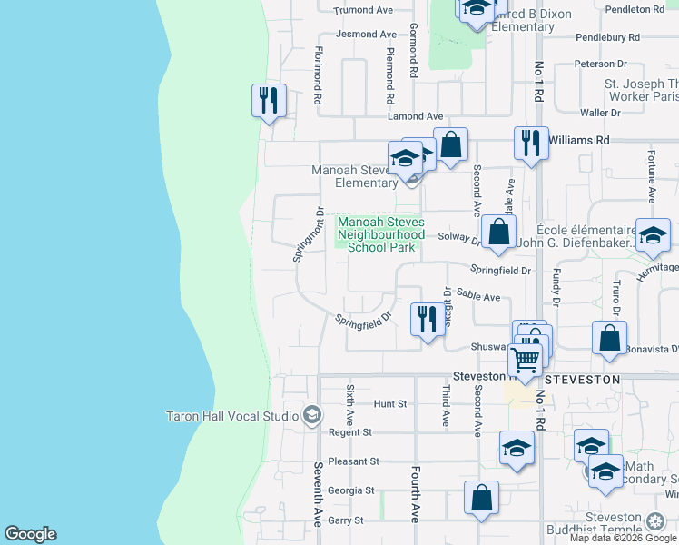 map of restaurants, bars, coffee shops, grocery stores, and more near 3371 Springfield Drive in Richmond