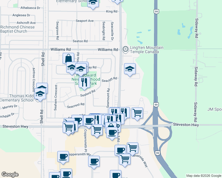 map of restaurants, bars, coffee shops, grocery stores, and more near 10600 Seamount Road in Richmond