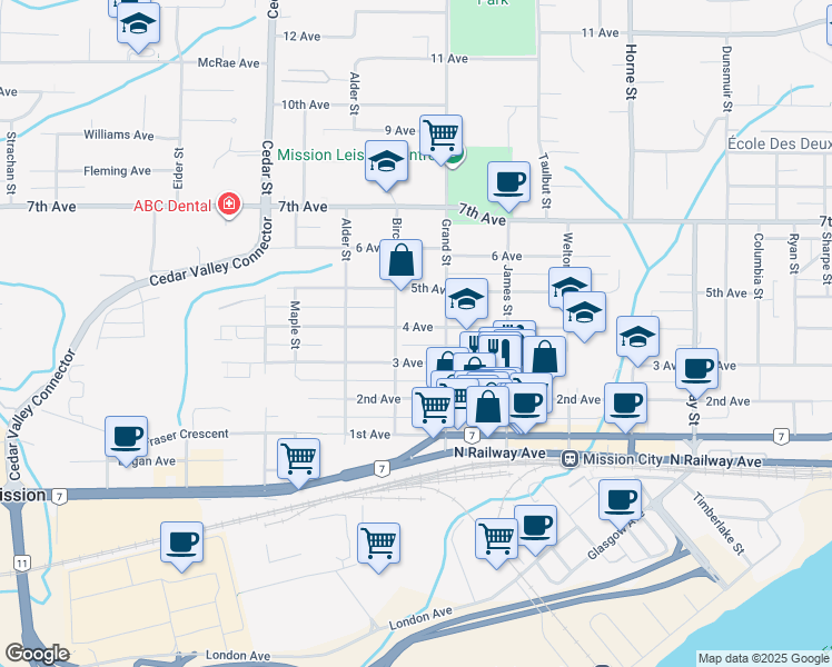 map of restaurants, bars, coffee shops, grocery stores, and more near 32972 4 Avenue in Mission