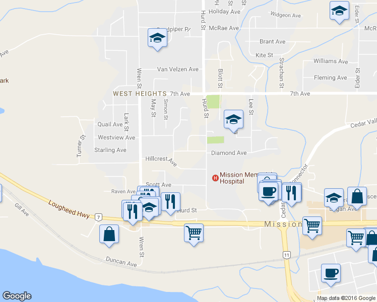 map of restaurants, bars, coffee shops, grocery stores, and more near 32154 Bueckert Ave in Mission